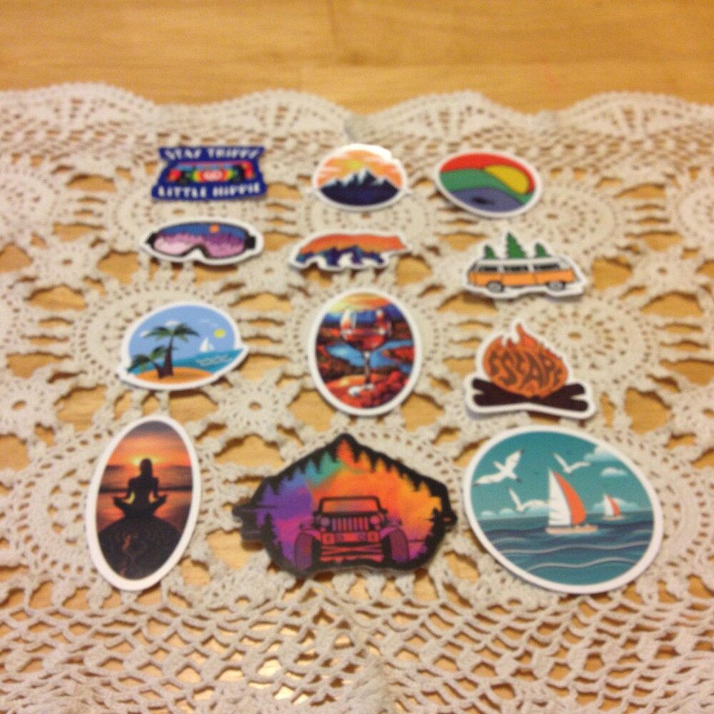 Stickers, adventure and travel theme, hippie vibe, 12 new stickers